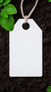 Blank tag on soil with green leaves, perfect for labeling plants or gardening. photo