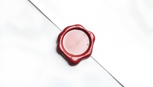 Blank red wax stamp on paper envelope mockup, top view, depth of field, 3d rendering. Empty antique wax seal for mail mock up. Clear postal symbol for secure message template. photo