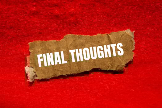 Final thoughts message written on ripped torn cardbaord paper piece with red background. Conceptual final thoughts symbol. Copy space. photo