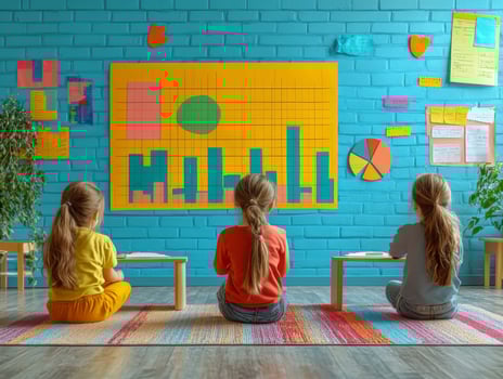 Back view of two little girls sitting on the floor in front of a colorful wall with a chart photo