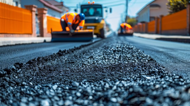 A worker is working on a road with asphalt photo