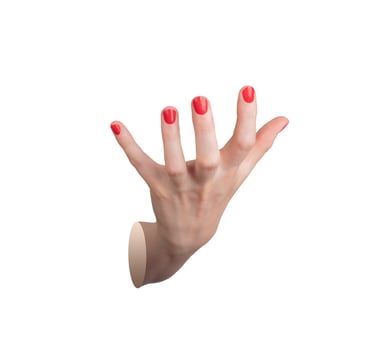 single hand with red-painted nails, fingers spread wide and reaching outward. The hand appears photo