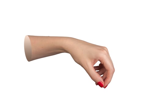 Female hand with red polished nails pinching a small item between thumb and forefinger. isolated on photo