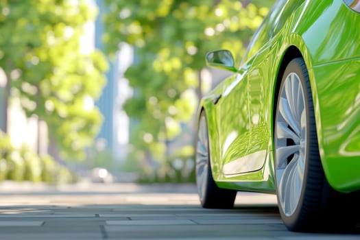 Close-up of a green electric car highlighting eco-friendly design in a modern city with greenery photo