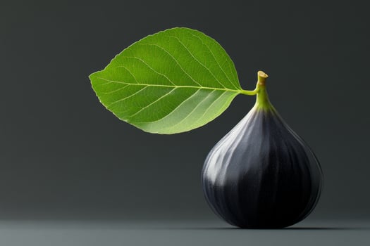 A hyperrealistic fig with glossy skin and vibrant green leaf on a minimalist dark background photo