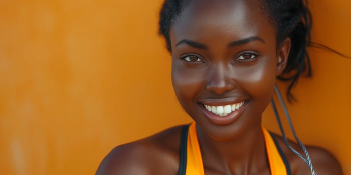 A woman is pictured wearing a yellow halter top, holding a pair of scissors photo