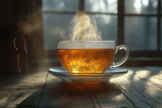 A steaming cup of herbal tea sits elegantly on a wooden table in a sunlit room during the early morning hours photo