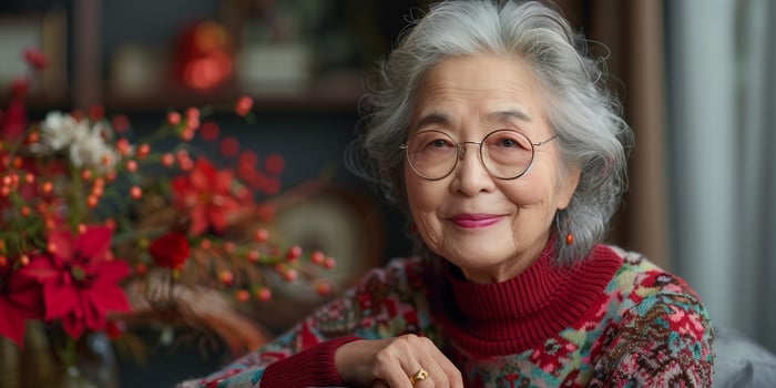 Older Asian woman wearing glasses and a red sweater photo