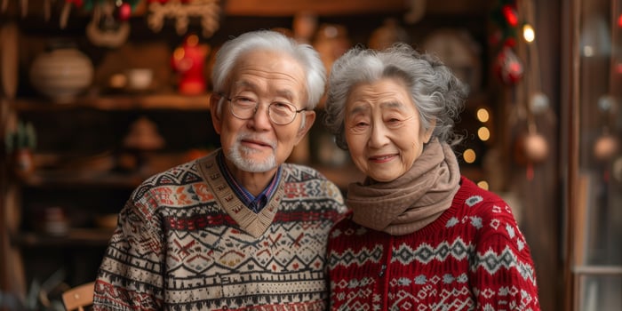 An older Asian couple standing side by side photo