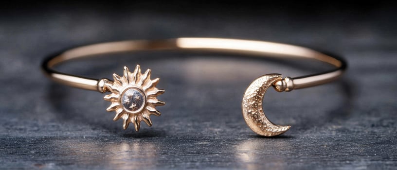 Elegant gold sun and moon jewelry on dark background photo