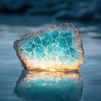 Glowing crystal rock reflection in water photo