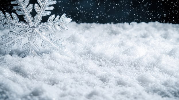 Snowy winter landscape with a large snowflake photo