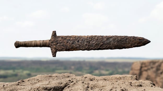 ancient stone sword against landscape photo