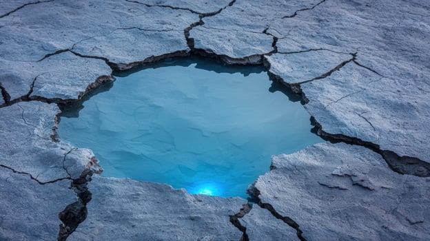 Cracked ice surface with blue pool photo