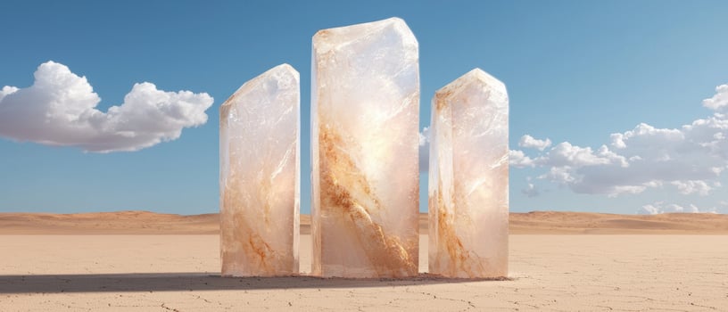 Surreal quartz crystal monoliths in desert landscape photo