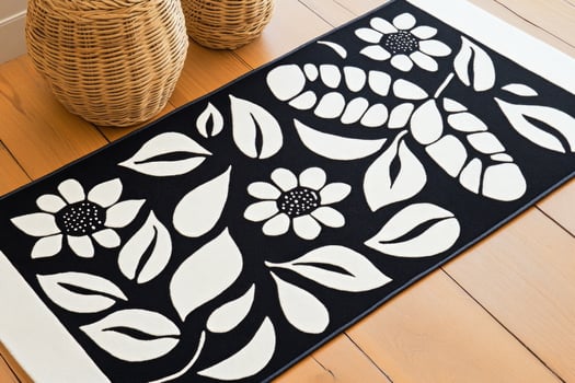 Elegant Mughal paisley pattern in black and white with floral elements on a stylish floor mat photo