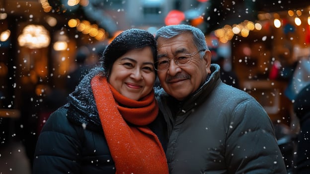 Joyful elderly Hispanic couple celebrating Christmas in a snowy urban setting photo