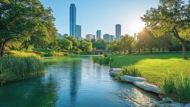 Sun shining over downtown austin skyline reflected in town lake at sunset photo