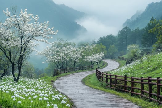 Wet stone path leading through blooming trees and wooden fence in misty mountains photo