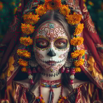 Intricate Calavera Catrina makeup on a young Latina woman photo