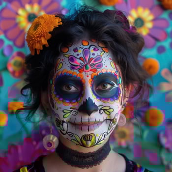 Young Latina woman with Calavera Catrina makeup in a close-up portrait photo