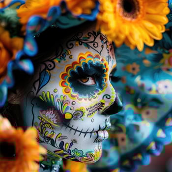 Young woman adorned as La Catrina in a detailed close-up portrait photo