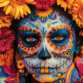 Young Latina woman in detailed Calavera Catrina face paint, close-up photo
