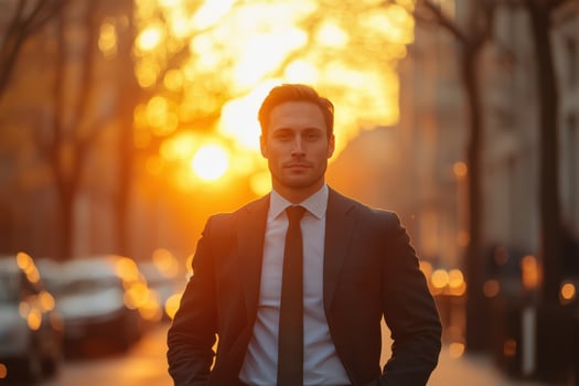 Business Professional Walking on a City Street at Dusk, Ideal for Urban Lifestyle and Career Promotion photo