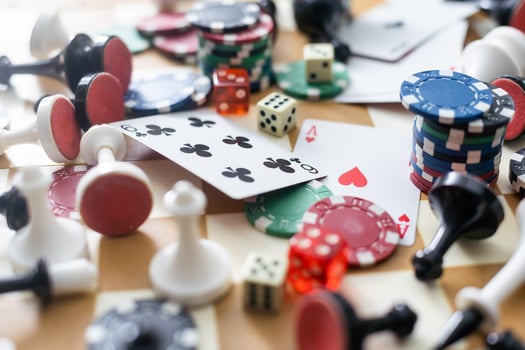Gamepad, laying cards with the chips on the table. photo