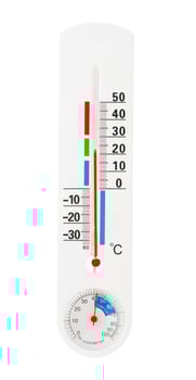 White Thermometer and Hygrometer Displaying Room Temperature and Humidity photo