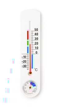White Thermometer and Hygrometer Displaying Room Temperature and Humidity photo