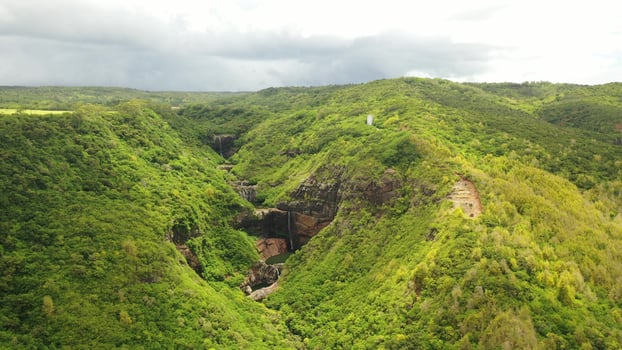 cascades of waterfalls Tamarin island of Mauritius. Aerial view. Seven cascades of Tamarin waterfalls. View of nature. Wildlife photo