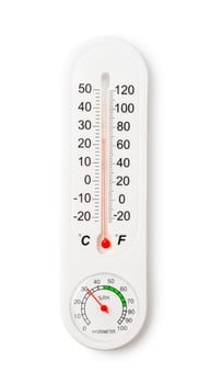 White Thermometer and Hygrometer Displaying Room Temperature and Humidity photo