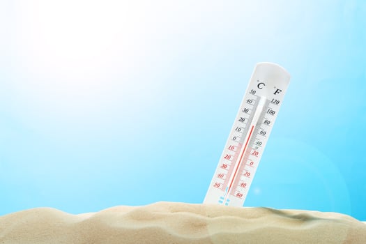 Thermometer Measuring High Temperature in Sand on Sunny Day photo