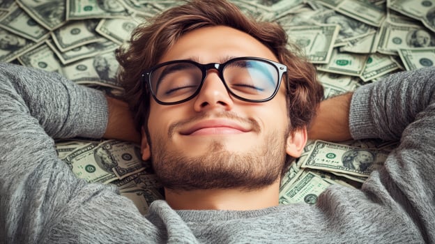 Relaxed young man lying on a pile of money with closed eyes and smiling photo