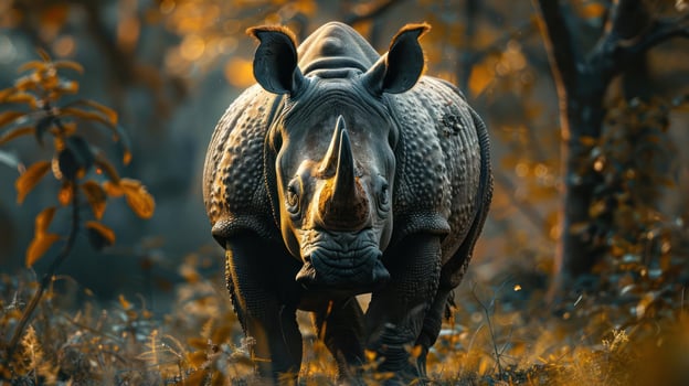 A majestic hippo striding through a natural habitat with lush vegetation and trees. photo