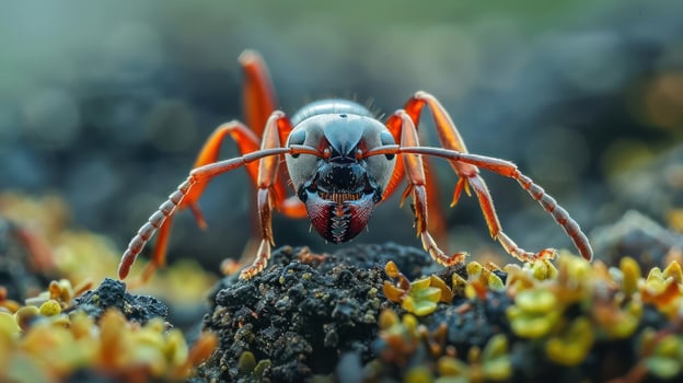 A close-up image of a red ants' head with mandibles and eyes, surrounded by dirt and moss. photo
