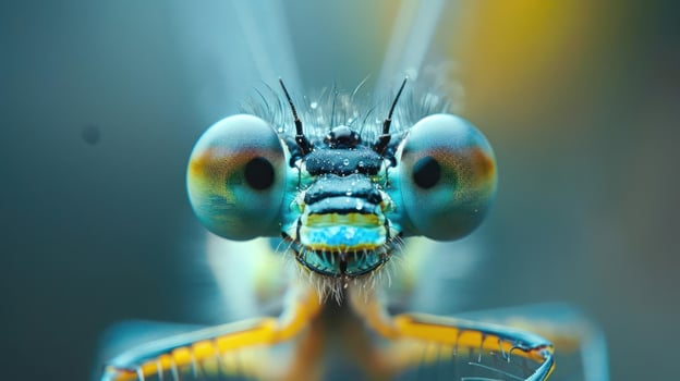 A male azure-blue damselfly with colorful wings and eyes. photo