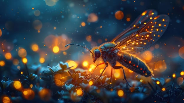A fantastical depiction of a night scene featuring glowing insects illuminating the darkness. photo