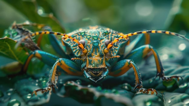 A vibrant insect resting on green leaves. photo