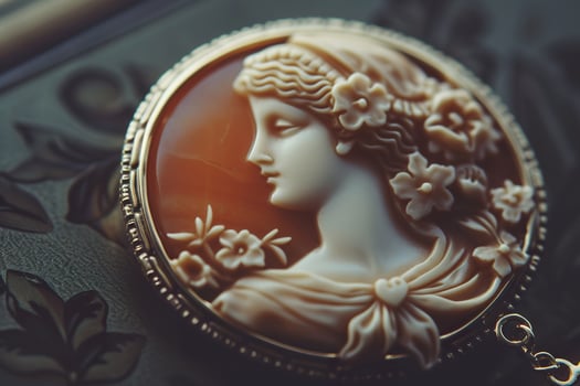 Elegant Cameo Brooch on Ornate Fabric, Vintage Jewelry Close Up. photo