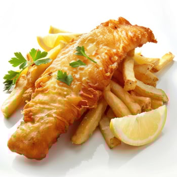 A whole cooked fish with a golden, crispy batter, served alongside french fries, garnished with herbs and lemon wedges. photo