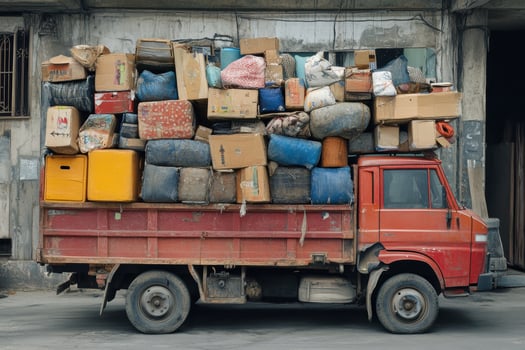 Old red truck carrying huge pile of boxes and bags photo