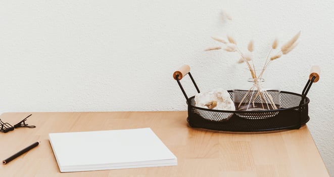 Home office wood desk with home decor amd various accessories photo