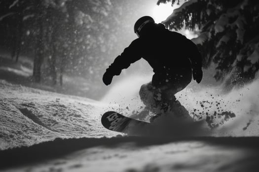 Snowboarder riding down snowy slope at night photo