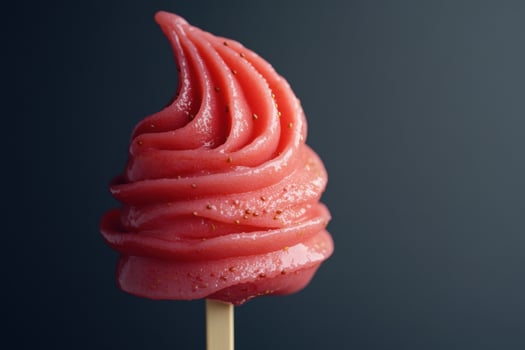 Vegan strawberry ice cream melting on wooden stick on dark background photo
