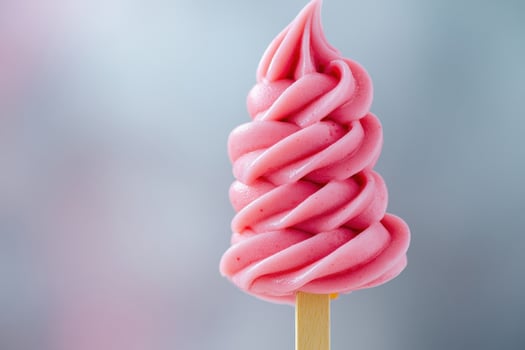 Vegan strawberry ice cream swirling on wooden stick, refreshing summer treat photo