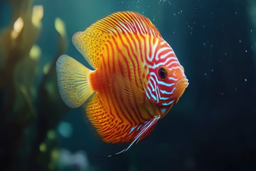 Vibrant discus fish swimming in freshwater aquarium photo