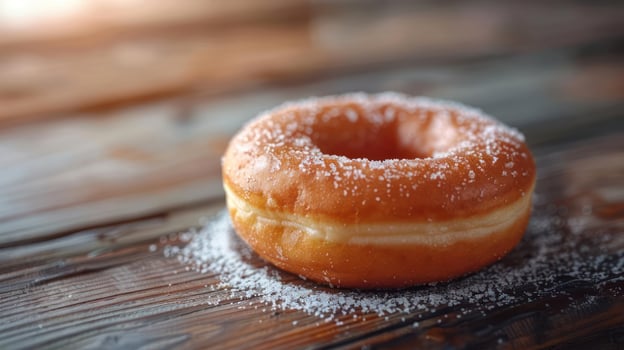 A doughnut with sugar sprinkles and powdered sugar on a wooden surface. photo