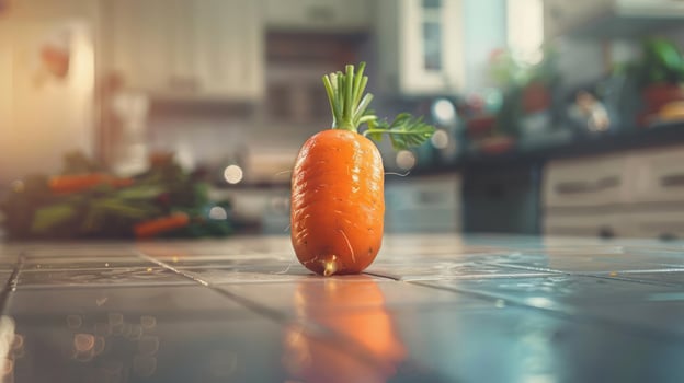 Carrot shaped like a gourd, with stems and leaves, placed on kitchen counter. photo